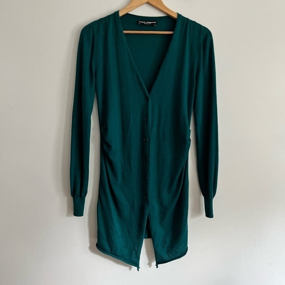 Dolce & Gabbana Green Long Line Cashmere Silk Blend Ruched Cardigan - Picture 5 of 10